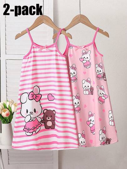 2-Piece Girls Toddler Sleeveless Summer Pajamas Sleepwear Round Neck Pink And White Striped Pattern Loose Fit Casual Nightgown Homewear Featuring Cute Bunny Cartoon Print On Soft Knit Lightweight Smooth Material For Comfortable Summer Nightwear And Indoor Lounging Wear During Hot Season