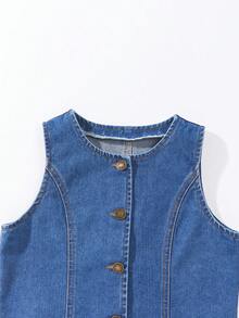 Tween Girls Denim Set Summer New European And American Fashion Sleeveless High Waist Denim Shorts Set Dark Blue Raw Denim Vest + Shorts Two Pieces Set Casual Sport Daily Basic Outfit Vacation Cotton Summer Wear Children's Denim Set Kids Girl Two Pieces Set - Medium Wash - View 6