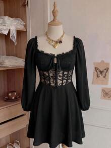 CovetEZ Abito nero elegante e sexy in pizzo, taglio a-line, per taglie comode - nero - Visualizzare 8