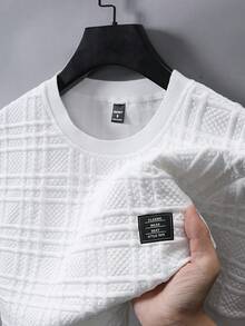Manfinity Homme Men's Knitted Jacquard Solid Color Textured Collar & Cuff Ribbed Trim T-Shirt - White - View 3