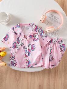 Baby Girls' Cute Plaid Bow Print Short Sleeve Cardigan Top And Shorts 2pcs Comfy Pajama Set - Pink - View 3