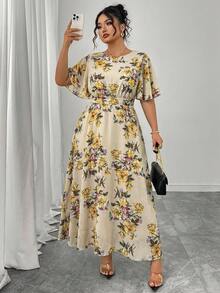 Modelyn Plus Size Women's Elegant Round Neck Ruffle Flare Sleeve Fitted Flowy Maxi Chiffon Dress, Spring/Summer - Multicolor - View 1
