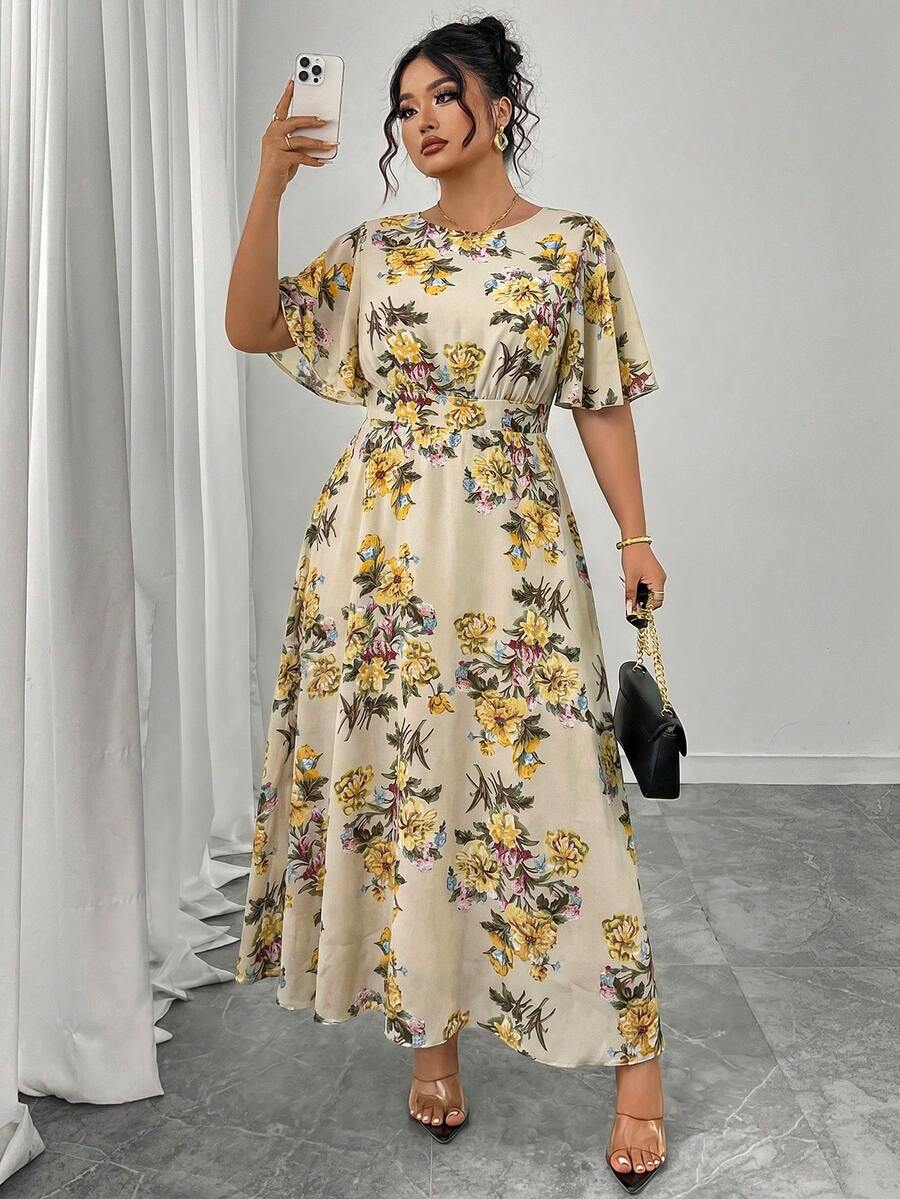 Modelyn Plus Size Women's Elegant Round Neck Ruffle Flare Sleeve Fitted Flowy Maxi Chiffon Dress, Spring/Summer - Multicolor - View 1