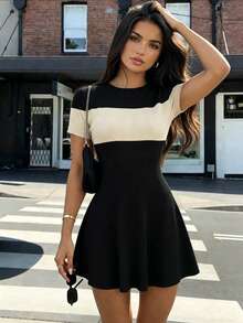 Vestido de manga corta de moda con contraste de color, versátil y adecuado para citas y uso diario - Multicolor - Ver 5