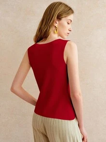 Pariaura Blusa de punto con cuello redondo y botones delanteros, elegante y minimalista para uso diario - Rojo - Ver 2