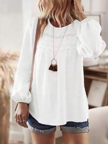 EMERY ROSE Women's Casual And Elegant Minimalist Textured Fabric Round Neck Long Sleeve Blouse,Fall And Spring Vcation T-Shirt - White - View 9