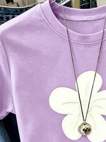 Camiseta Gráfica Curta para Adolescentes, Camiseta de Manga Curta com Estampa Floral Roxa, Top de Estilo Vintage Americano Casual para o Verão - Multicolorido - Visão 5