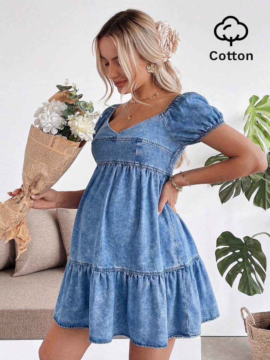 SHEIN Đầm denim bầu tay raglan cổ tim dáng suông, thích hợp mặc đi làm, đi nghỉ mát, tốt nghiệp, phong cách Y2K, dễ thương, thời trang đường phố, quyến rũ, dự tiệc cưới, thanh lịch, công sở, đi biển, tốt nghiệp. Đầm mini denim màu sáng tay phồng cổ tim xếp tầng, phong cách mùa hè thường ngày. Đầm babydoll denim xanh tay phồng cổ tim viền bèo nhún ngắn cho những buổi đi chơi thường ngày. - Màu xanh lam - Xem 1