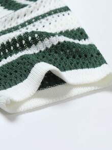 Manfinity LEGND Men's Green Striped Casual Tropical Knit Sweater, Short Sleeve Crew Neck Patchwork Ribbed Polo Shirt For Autumn, Vacation, Beach Tropical Style - Dark Green - View 7