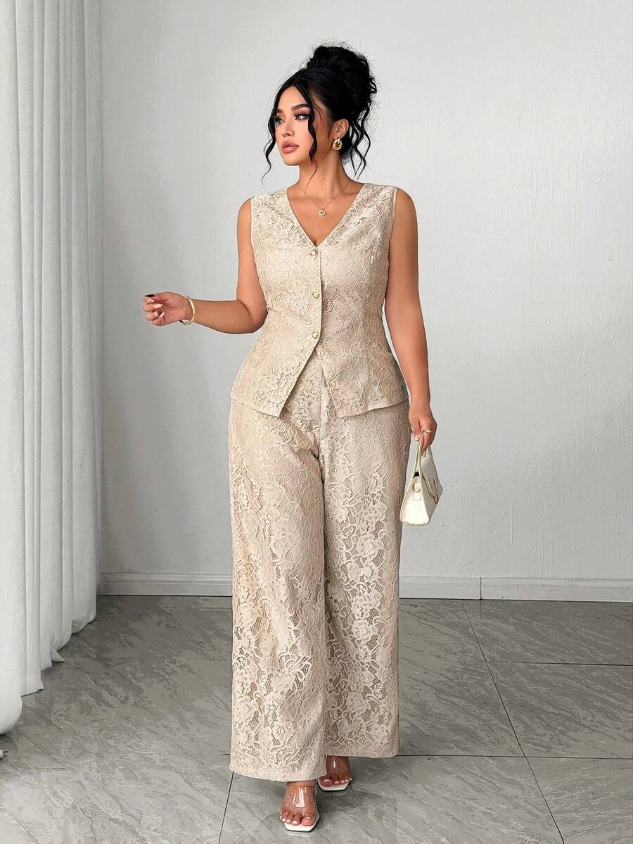Elenzga Plus Size Elegant Commuter Solid Color Lace Vest & Pants 2 Pieces Set, Summer - Khaki - View 1
