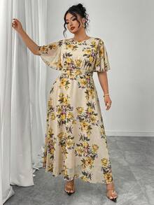 Modelyn Plus Size Women's Elegant Round Neck Ruffle Flare Sleeve Fitted Flowy Maxi Chiffon Dress, Spring/Summer - Multicolor - View 3