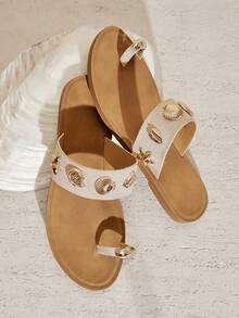 SHUZIA Women's Minimalist Seastar Seashell Decor Toe Ring Slip-On Flat Sandals - Apricot - View 5