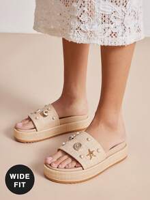 SHUZIA Sandal Platform Anyaman Rafia CoastalChic Wanita dengan Hiasan Mutiara & Kerang dan Alas Kaki Lebar – Siap untuk Liburan, Siap untuk Pantai & . - Aprikot - View 2