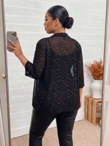 SHEIN Lady CURVE Áo khoác lưới mỏng đính đá Rhinestone cỡ lớn cho nữ Lễ Tạ ơn, Quần áo Giáng sinh, Áo đi chơi đêm giao thừa, Trang phục công sở, Tiệc tùng, Trang phục thường ngày cho phụ nữ, Phong cách quý tộc, Ngày lễ tình nhân, Tình yêu/Người yêu vào mùa thu/đông - màu đen - Xem 2