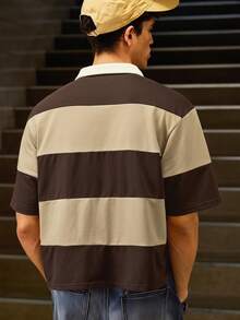 SWAVVY Camisa polo casual de manga corta y corte holgado con bordado para hombre, color caqui - Caqui - Ver 3