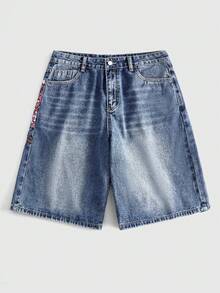 ROMWE MEN Pantalones cortos de mezclilla con bordado floral para hombres, corte holgado - Neblina azul - Ver 3