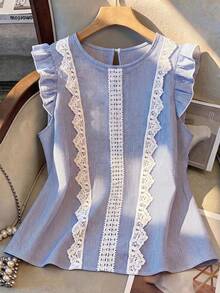 GlowEve CURVE Plus Size Round Neck Ruffle Sleeve Lace Patchwork Blue & White Striped Cropped Shirt - Blue and White - View 1