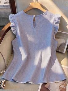 GlowEve CURVE Plus Size Round Neck Ruffle Sleeve Lace Patchwork Blue & White Striped Cropped Shirt - Blue and White - View 2