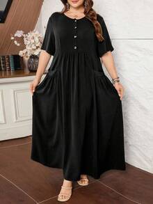 Lacomfia Women's Short Sleeve Loose Elegant Comfortable Minimalist Plus Size Dress With Pockets - Black - View 4