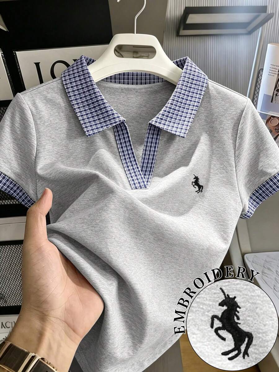 Resyla Áo thun nữ tay ngắn cổ polo thêu hình kỳ lân, kiểu dáng thường ngày, thích hợp mặc mùa hè. - Nhiều màu - Xem 1