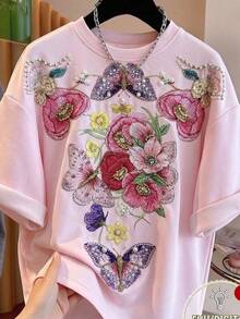 EMERY ROSE 女士圆领仿珍珠花卉刺绣短袖T恤，适合日常休闲、通勤、约会、聚会、居家休闲、户外活动、下午茶、海滩度假、郊游及各种场合。 - 彩色 - 查看 3