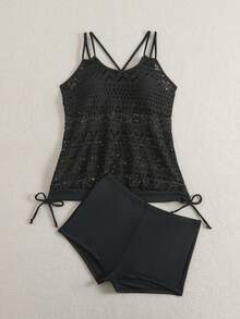 Swim Lushoire 夏季海灘度假多件式泳裝女款純色中空交叉背心泳衣上衣和游泳短褲組合 - 黑色 - 查看 5