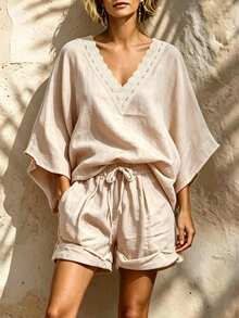 EMERY ROSE Women's Beige Summer Boho Holiday Vacation Holiday Lace 2-Piece Set,Textured Embroidered V-Neck Batwing Sleeve Shirt & Wide Leg Folding Tie Shorts - Apricot - View 3