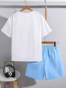SHEIN 2件套儿童/青少年男童休闲卡通动物印花圆领宽松短袖白色T恤和蓝色短裤套装，运动服，Y2K风格，SS26，适合春夏、郊游、情人节、约会、旅行、度假、家庭聚会、返校、婚礼、派对、运动、生日等场合。 - 彩色 - 查看 4