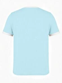 SHEIN 女士夏季撞色圆领短袖休闲T恤图案上衣 - 淺藍色 - 查看 2