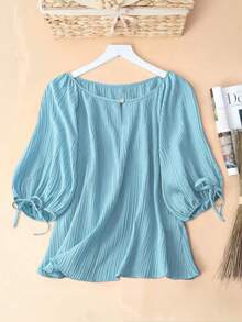 EMERY ROSE Elegant Women's Summer Dusty Blue Office Shirt,Plus Size Round Neck Short Lantern Sleeve With Bowknot Drawstring,Cat Eye Stone Button Striped Fabric - Baby Blue - View 1