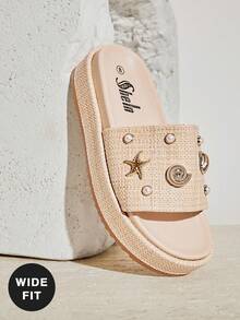 SHUZIA Sandal Platform Anyaman Rafia CoastalChic Wanita dengan Hiasan Mutiara & Kerang dan Alas Kaki Lebar – Siap untuk Liburan, Siap untuk Pantai & . - Aprikot - View 5