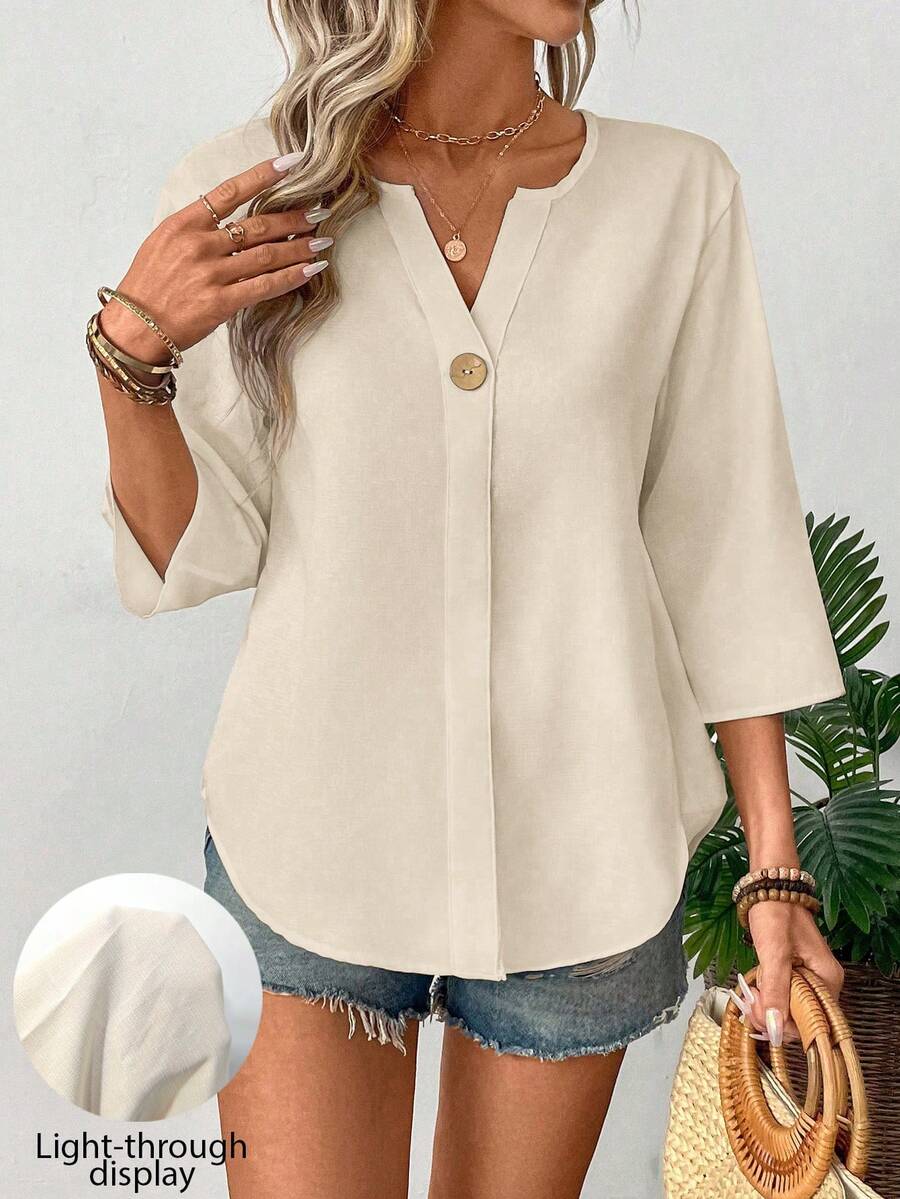 EMERY ROSE Women's Solid Color V-Neck Casual Versatile Daily Wear Shirt - Apricot - View 1