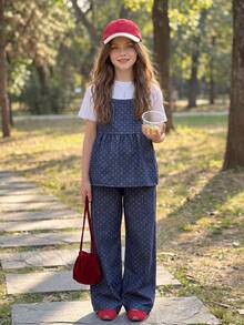 DAZY Girls' Polka Dot Print Denim Camisole Top And Wide Leg Jeans 2-Piece Set, Fall Outfit Summer - Blue - View 2