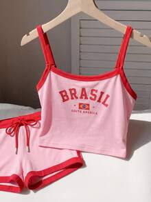 Comfortcana Conjunto de 2 piezas con bloque de color e impresión de letras para mujer, adecuado para deportes, casual, streetwear, sexy, festivales de música, partidos de pelota - Rosa - Ver 5