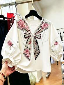 SHEIN Franclia Áo thun cổ tròn in hình hoa hồng nơ sang trọng, nhẹ nhàng, dáng rộng, tay cánh hoa giúp tôn dáng, áo lót casual thiết kế đính hạt thanh lịch cho nữ. - Màu be - Xem 1