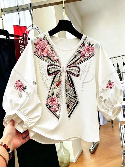 SHEIN Franclia Sommar Ny Lätt Lyxig Rosettmönstrad Rund Hals T-shirt För Damer, Lös Passform Bantande Blommig Ärm Blus, Elegant Pärldesign Avslappnad Undertröja