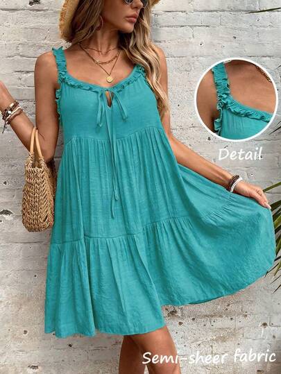 Swim Vcay Robe de plage d'été pour femmes, couleur unie, sans manches, avec volants et nœud devant