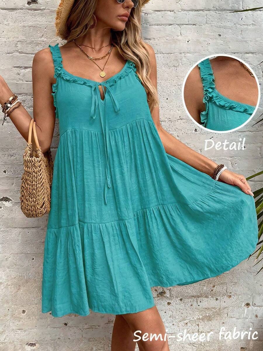 Swim Vcay Vestido de playa de verano para mujer de unicolor sin mangas con volantes y lazo delantero - Azul Cadete - Ver 1