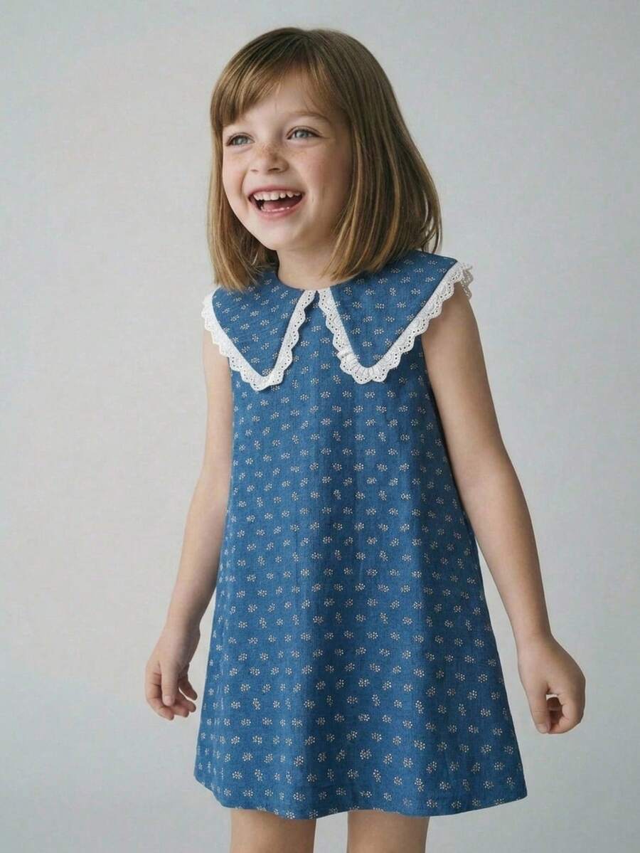 Maija Kids Maija Kids Vestido sin mangas con cuello Peter Pan y estampado floral azul lindo para niña, verano - Azul - Ver 1