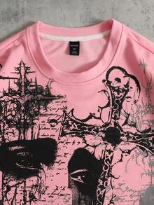 ROMWE MEN Men's Casual Contrast Color Patchwork Gothic Style Print 2 In 1 T-Shirt, Spring/Autumn - Baby Pink - View 5