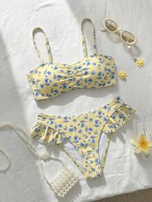 SHEIN Swim 女款花卉印花坦基尼泳裝套裝 - 淡黃色 - 查看 3