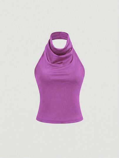 Sweetra Áo tank top cổ cao kiểu yếm thanh lịch, thiết kế cơ bản với dây thun điều chỉnh được ở phía sau.