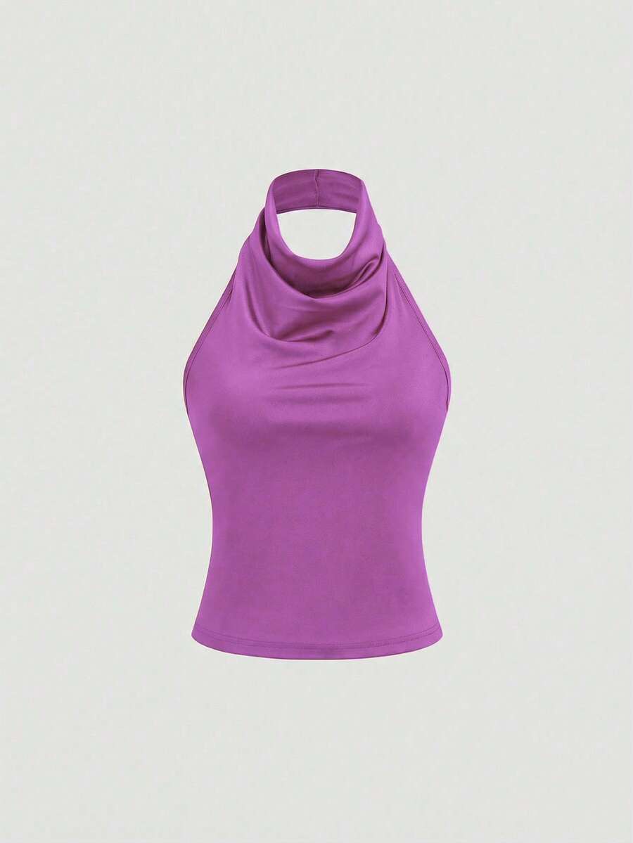 Sweetra Áo tank top cổ cao kiểu yếm thanh lịch, thiết kế cơ bản với dây thun điều chỉnh được ở phía sau. - Màu tím Violet - Xem 1
