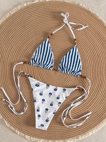 Swim Mod 2026 New Double-Sided Wearable Women Swimwear Set, Island Beach Resort Bikini Swimwear With Scrunchie, Casual Printed Random Versatile Sexy Halter Triangle Female Swimwear - Multicolor - View 5