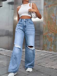 SHEIN EZwear 大码女式休闲破洞牛仔裤 - 中等水洗藍 - 查看 5