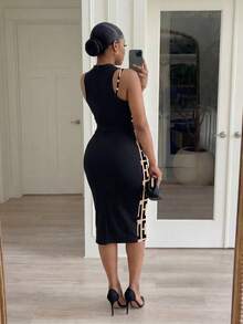 SHEIN Lady Plus Size Women Geometric Print Patchwork Color Block Open Slit Elegant Waist Fitted Party Holiday Dress Black Summer - Multicolor - View 7