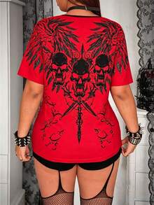 Whyspr Plus Size Punk Eyelet Tape Print Short Sleeve T-Shirt, Spring/Summer - Red - View 2