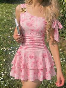 SHEIN 时尚优雅粉色碎花不对称肩连衣裙，适合青少年女孩，春季连衣裙，夏季粉色连衣裙，碎花度假连衣裙，夏季少女连衣裙，春季连衣裙，青少年女孩服装连衣裙，春季连衣裙 - 粉色 - 查看 10