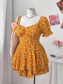 Flirla Mono de gasa floral elegante y cómodo para mujer de talla grande, adecuado para la playa, viajes, exteriores y uso diario - Naranja - Ver 5