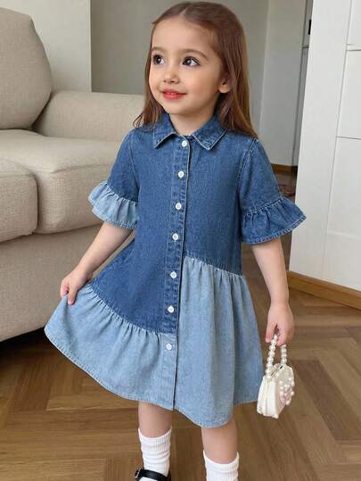 SHEIN LMoss Kids Đầm sơ mi rộng rãi bằng vải denim phối màu xanh dương cho bé gái
